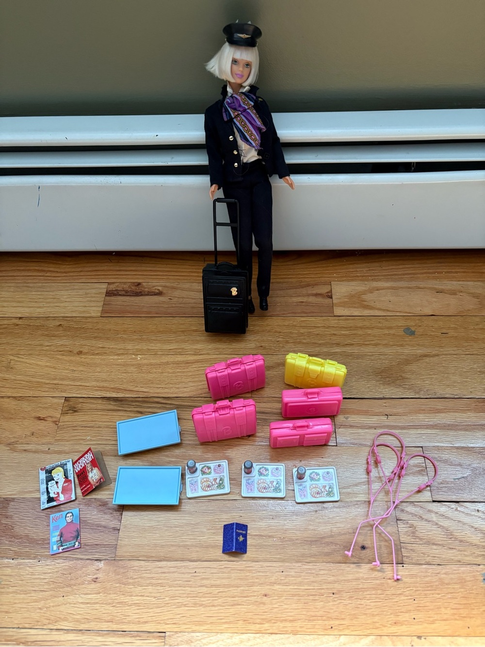 Mattel Doll Pilot and Travel Accessory Set in Pink and Yellow with Blue Trays